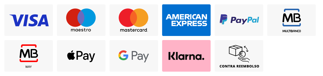 VISA, mastercard, PayPal, Apple Pay, AMEX, Contra Reembolso